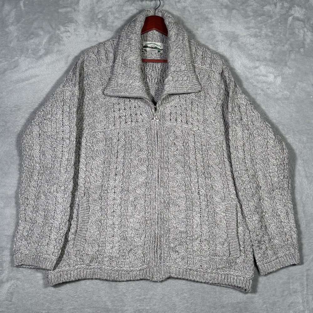 Aran Crafts Sweater Mens XL Gray Merino Wool Cable Knit Full Zip Ireland‎